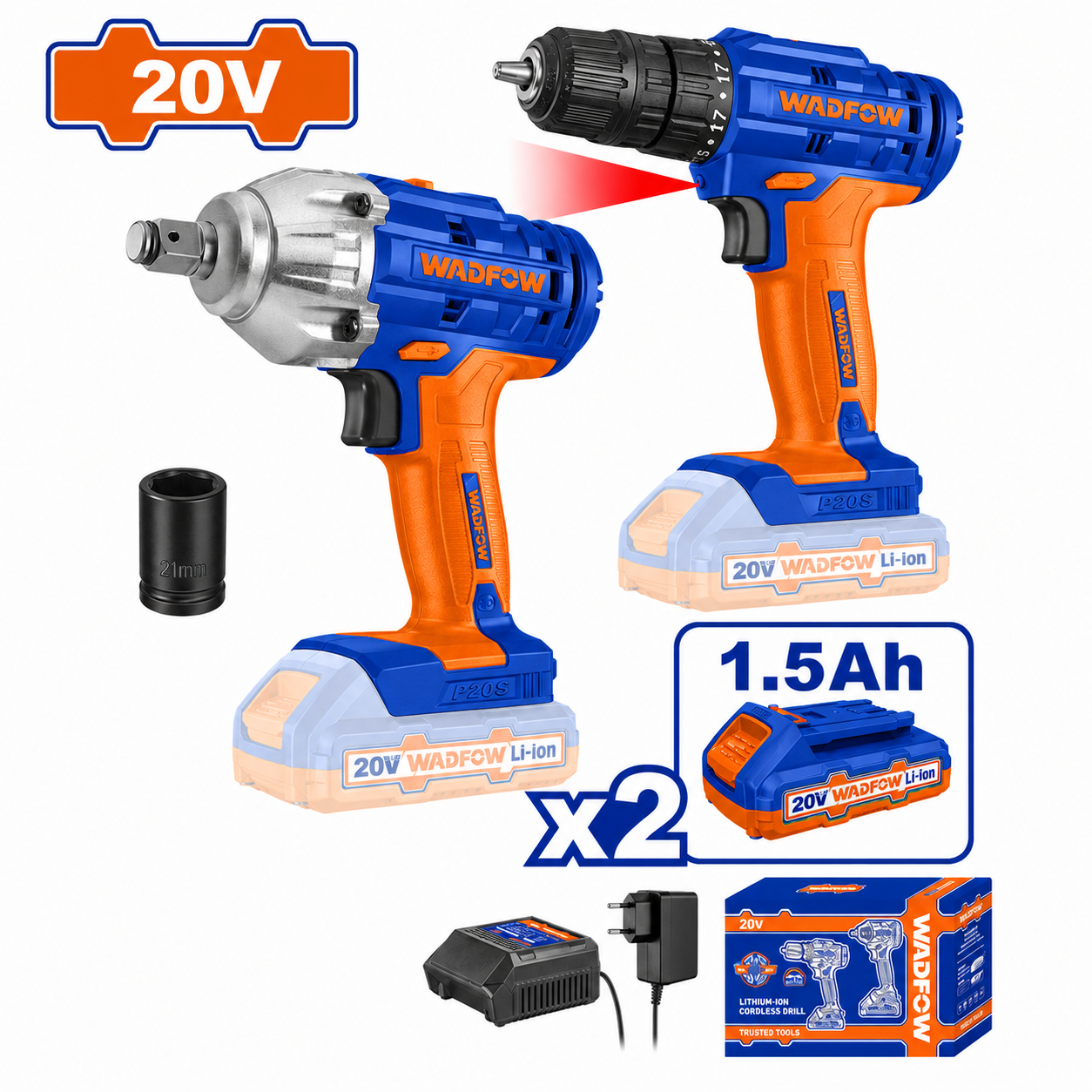 Pack WADFOW 20V Brushless : Perceuse-Visseuse + Clé à Chocs avec 2 Batteries 1.5Ah