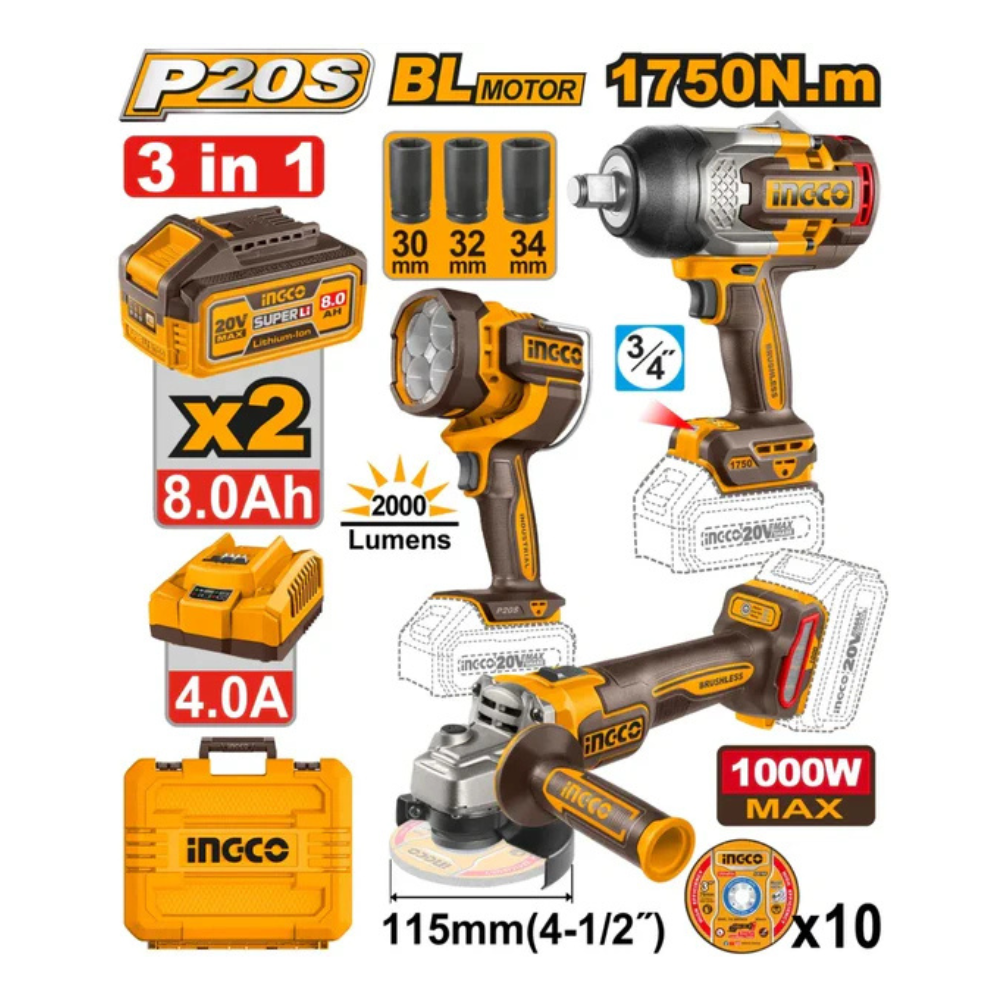 Pack Pro 3-en-1 — Boulonneuse 1750Nm + Meuleuse + Torche