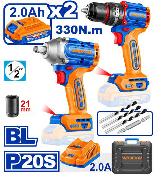 Pack WADFOW 20V Brushless : Perceuse-Visseuse + Clé à Chocs avec 2 Batteries 2.0Ah