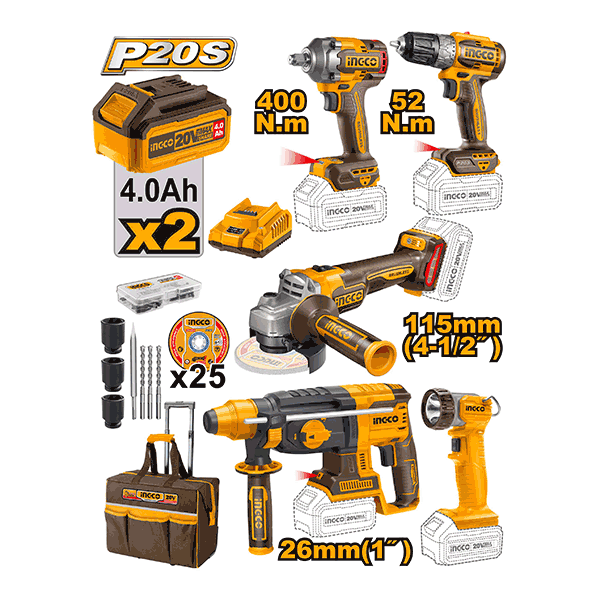 Pack valise 5 machines industrielles 20V 4Ah + Acc