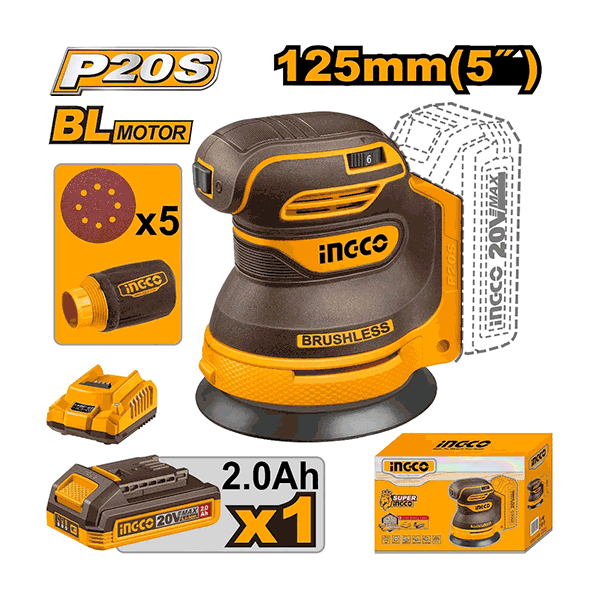 Ponceuse Excentrique Brushless 20V +1Batt 2Ah 125Mm Ingco