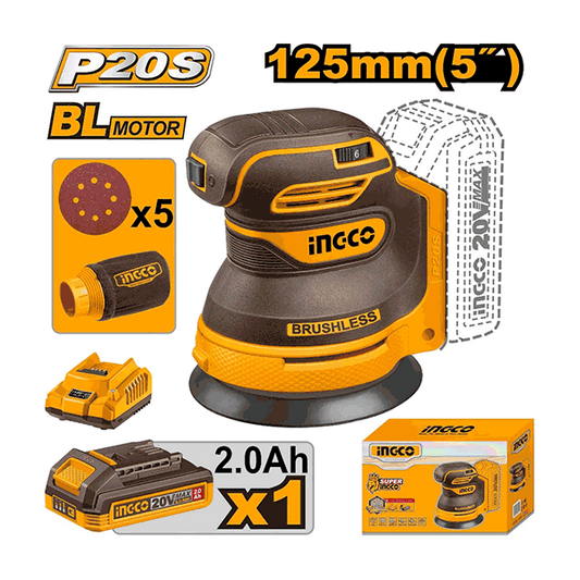 Ponceuse Excentrique Brushless 20V +1Batt 2Ah 125Mm Ingco