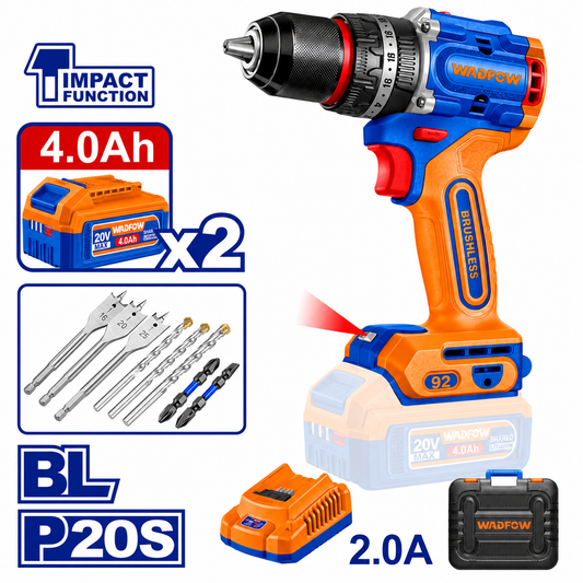 Perceuse à Percussion Sans Fil 20V Brushless WADFOW – 92 Nm avec 2 Batteries 4.0Ah et Coffret