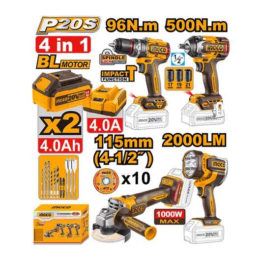 Pack De 4 Machines Perc Visseuse 96Nm+Boulonneuse 1/2 500nm+Meuleuse 115Mm+Lampe Torche Ingco