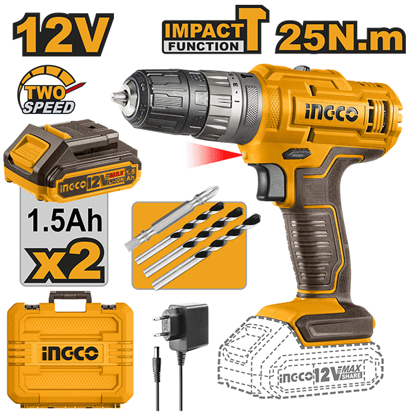 Perceuse Visseuse A Percussion 12V 25Nm 2Batteries Plates Si