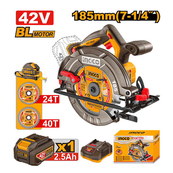 Scie Circulaire 42V 185mm Brushless 2 lames de scie de 185 mm 1 batterie 2,5 Ah 1 chargeur