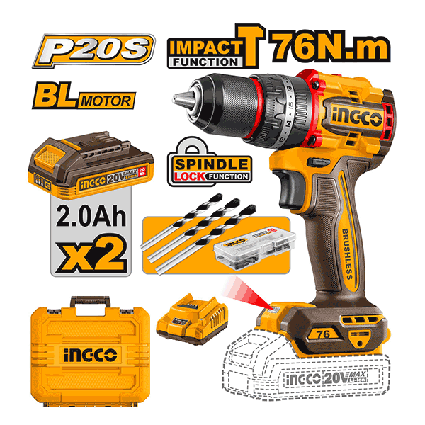 Perceuse Visseuse A Percussion Brushless 20V 76Nm 2Ah Ingco