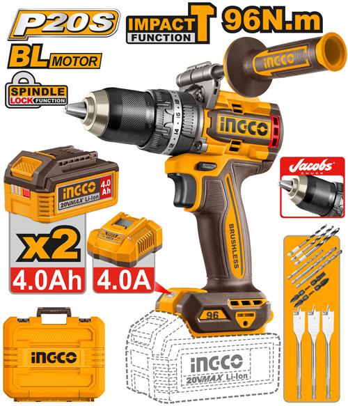 Perceuse à Percussion Sans Fil Brushless 20V, 96 Nm, 2 Batteries 4.0Ah
