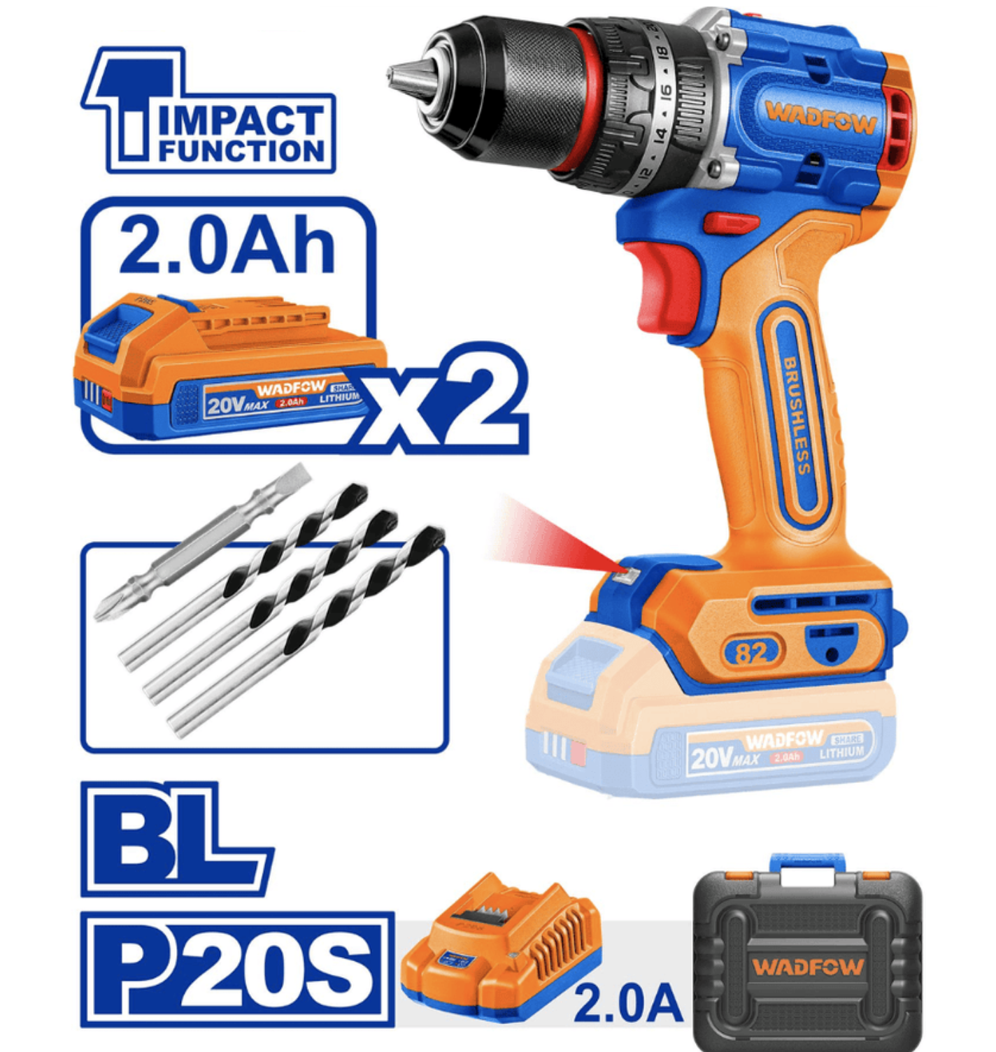 Perceuse à Percussion Sans Fil 20V Brushless WADFOW – 82 Nm avec 2 Batteries 2.0Ah