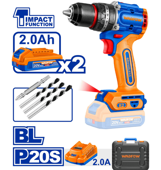 Perceuse à Percussion Sans Fil 20V Brushless WADFOW – 82 Nm avec 2 Batteries 2.0Ah