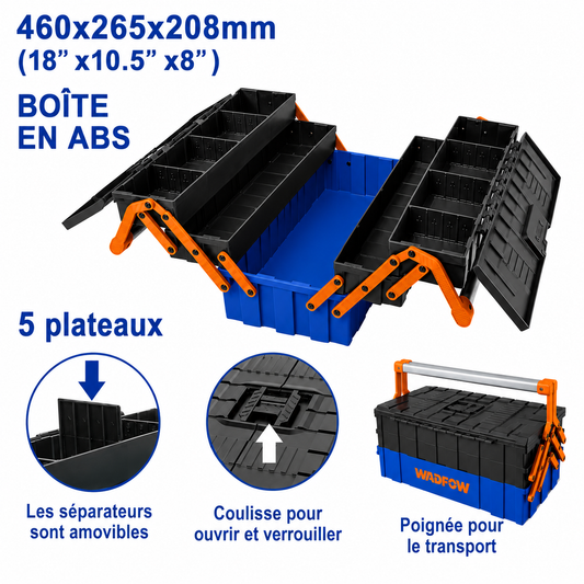 Boîte à Outils Professionnelle 5 Compartiments  – 460 mm, Charge 35 kg