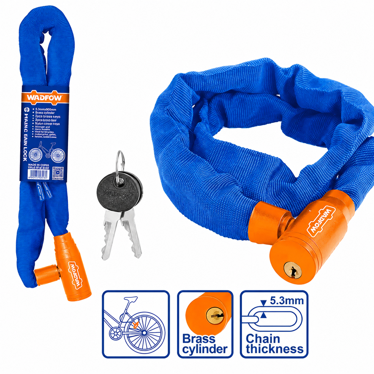 Antivol de vélo à chaîne et cylindre 100 % laiton (5,3 mm x 900 mm)