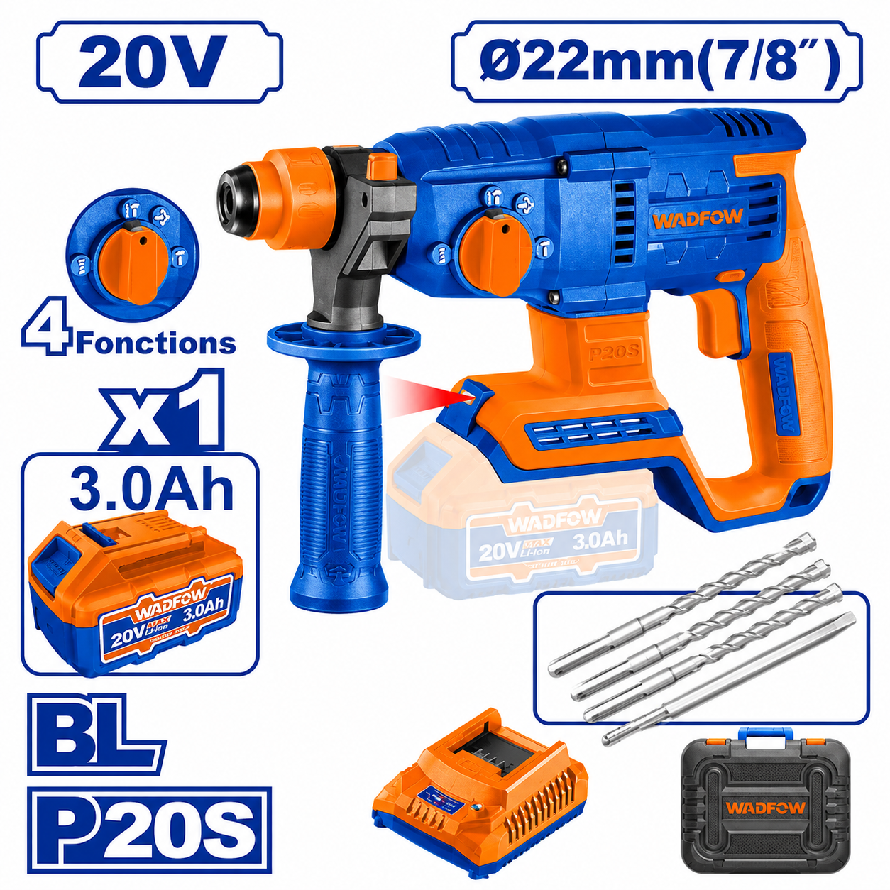 Marteau perforateur sans fil 20 V 52 Nm + 2 batteries et chargeur
