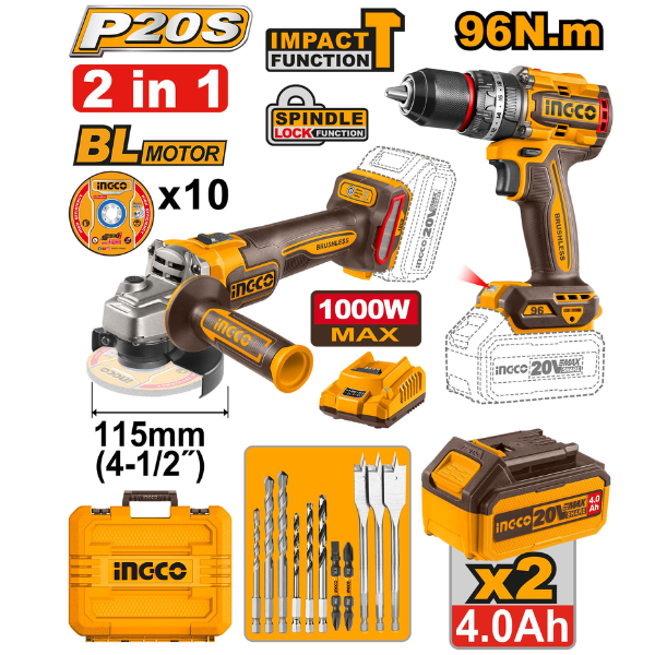 "Pack 2 Machine Meuleuse /Visseusseuse 20 V +10Accessoires Ingco"