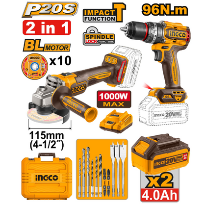 "Pack 2 Machine Meuleuse /Visseusseuse 20 V +10Accessoires Ingco"