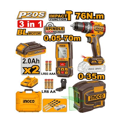 3Pcs 76Nm Perceuse À Percussions + Niveau Laser + Ensemble D'Écarteurs De 70 M
