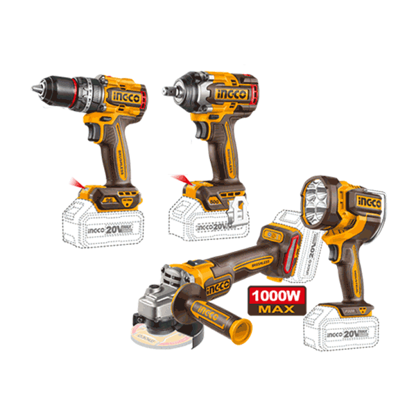 Pack De 4 Machines Perc Visseuse 96Nm+Boulonneuse 1/2 500nm+Meuleuse 115Mm+Lampe Torche Ingco - image 2
