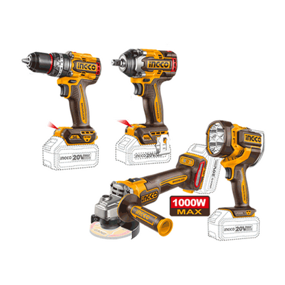 Pack De 4 Machines Perc Visseuse 96Nm+Boulonneuse 1/2 500nm+Meuleuse 115Mm+Lampe Torche Ingco - image 2