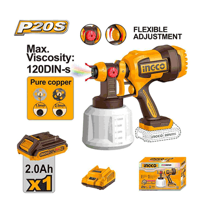 Pistolet Peinture 20V 800Ml/Min 1Batterie 2.0Ah +Chargeur Ingco