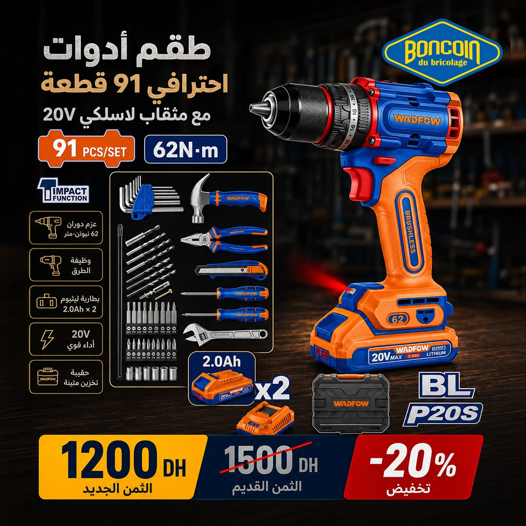 Coffret d'Outils Professionnel 91 Pièces avec Perceuse 20V