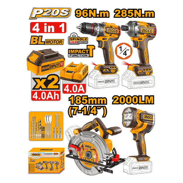 Pack 4 Machines Visseuse 96Nm+Boulonneuse 285Nm+Scie Circulaire 185Mm+Torche