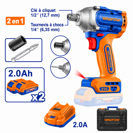 Clé à Chocs & Visseuse à Percussion 2-en-1 Sans Fil 20V Brushless avec 2 Batteries 2.0Ah