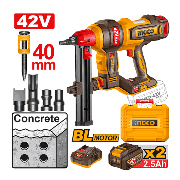 Cloueur À Béton 42V 19 à 40mm Avec 2 Batt 2,5Ah Et 1 Chargeur