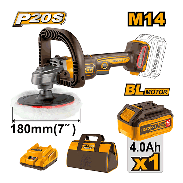 Polisseuse 180mm Brushless 20V 1 Batterie 4.0Ah+Chargeur +Sac Ingco