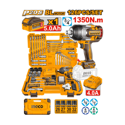 Jeu D'Outils 126 Pièces Pour Clé À Chocs 3/4 Brushless 1 Batt 5Ah et Chargeur