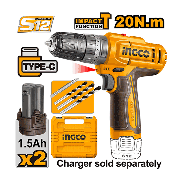 Perceuse Visseuse A Percussion 12V 20Nm +2 Batteries 1.5Ah Ingco