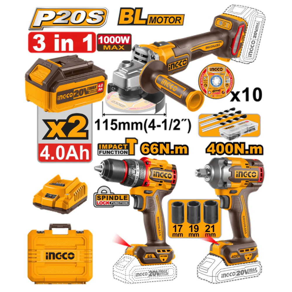 Meuleuse 1000W + Perceuse à impact 66Nm + Clé à chocs 400Nm + 2 Baterie 4.0 Ah