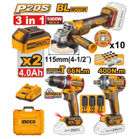 Meuleuse 1000W + Perceuse à impact 66Nm + Clé à chocs 400Nm + 2 Baterie 4.0 Ah