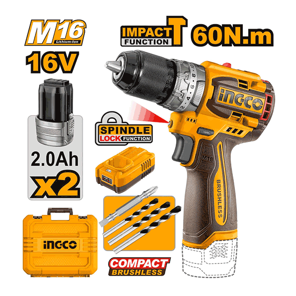 Perceuse à percussion 16V sans fil compacte sans balais 60NM