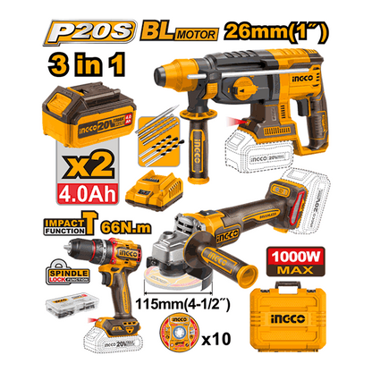 Pack De 3 Machines Ingco Marteau+Visseuse+Meuleuse 2Bat 4Ah