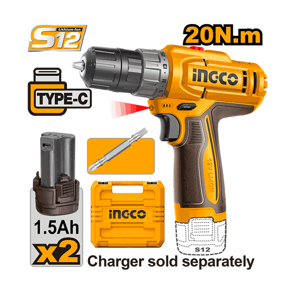 Perceuse Visseuse 12V 20Nm 2 Batt Coniques 1.5Ah Ingco