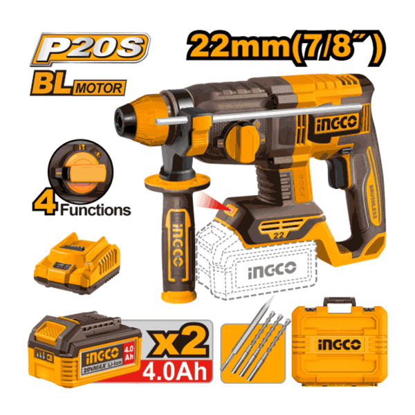 Marteau perforateur sans fil SDS Plus 20 V 22 mm avec 2 batteries 4,0 Ah et 1 chargeur pour bois, acier et béton
