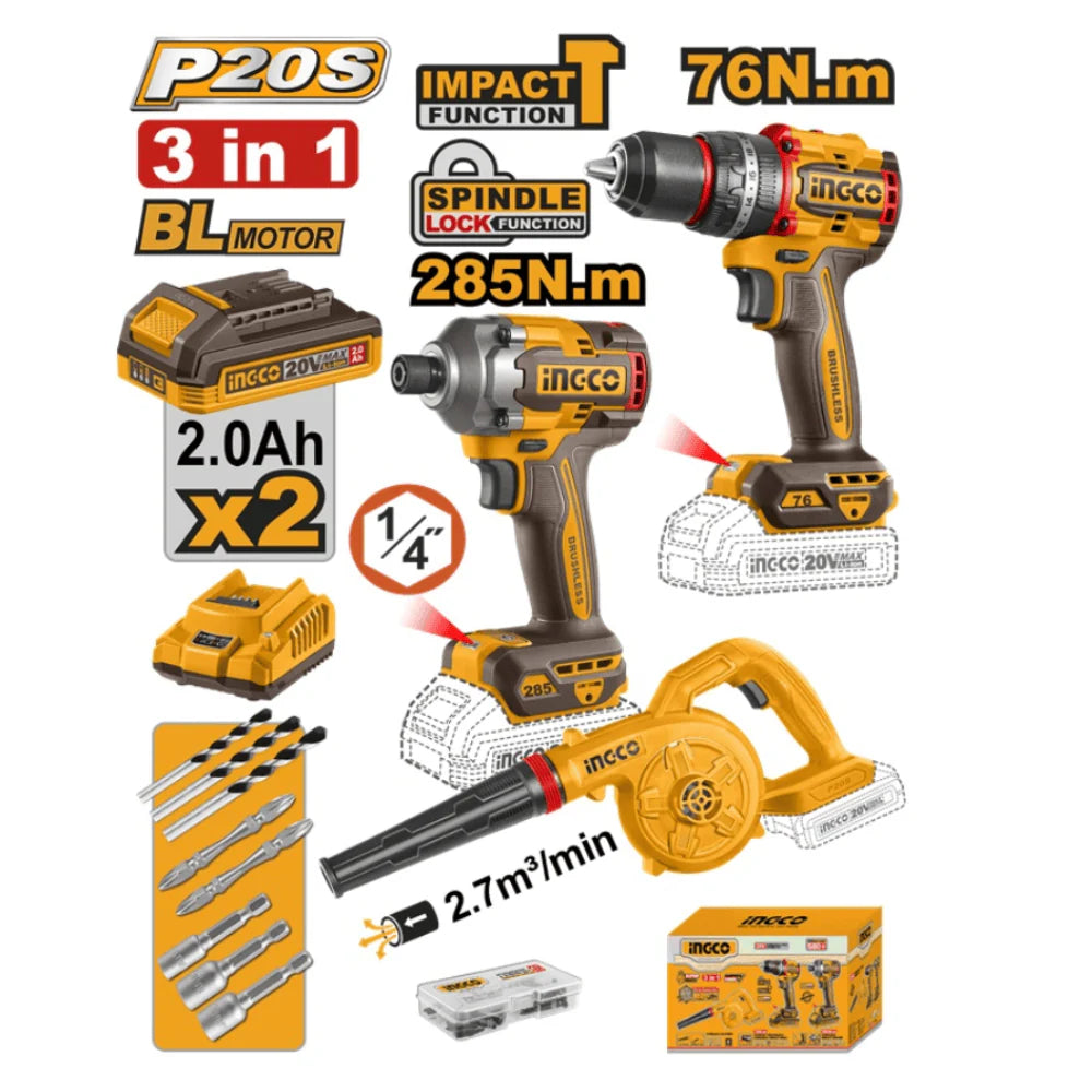 Ensemble 3 en 1 20 V – Perceuse à percussion 76 Nm + Visseuse à percussion 285 Nm + Souffleur